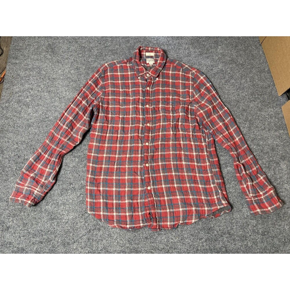 J.CREW Shirt Mens L Red Plaid Long Sleeve Flannel Button-Up Slim Casual Cotton